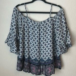 Blue and Pink Print Off Shoulder Shirt